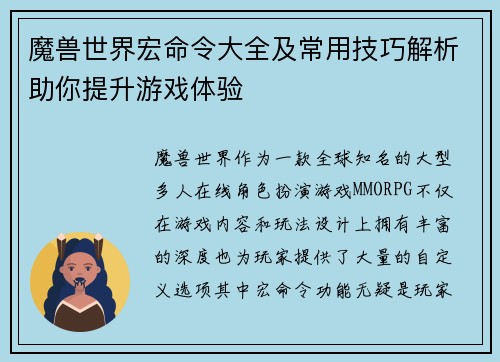 魔兽世界宏命令大全及常用技巧解析助你提升游戏体验